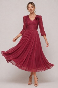 Rochie 'Ava' grena din voal sidefat cu floare decorativă