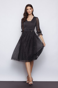 Rochie 'Daphne' neagră cu pliseuri din tulle sidefat - Img 2