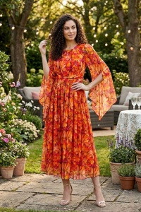 Rochie din mătase naturală cu imprimeu floral în nuanțe orange - Img 3