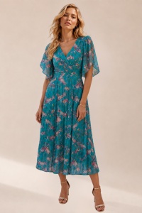 Rochie 'Elia' turquoise din voal imprimat cu reflexii sidefate