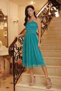 Rochie 'Khloe' turquoise asimetrică din tulle sidefat - Img 1