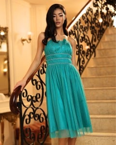 Rochie 'Khloe' turquoise asimetrică din tulle sidefat - Img 2