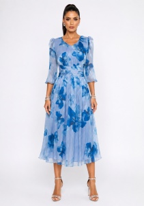 Rochie midi bleu cu imprimeu floral albastru și talie drapată - Img 3