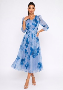 Rochie midi bleu cu imprimeu floral albastru și talie drapată