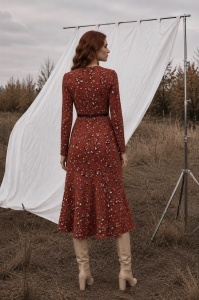 Rochie midi cărămizie cu imprimeu abstract și curea detașabilă - Img 3