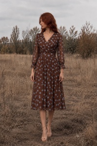Rochie midi maro din voal cu fir irizant si buline bleu - Img 2