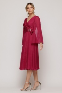 Rochie midi raspberry cu mâneci ample și cataramă cu cristale - Img 5