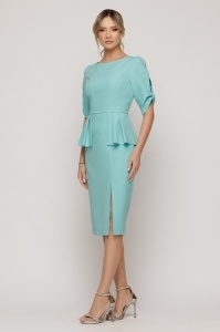 Rochie 'Sia' bleu pastel cu peplum și mâneci cu decupaj