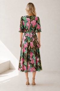 Rochie 'Sole' midi din vâscoză cu imprimeu tropical floral - Img 3