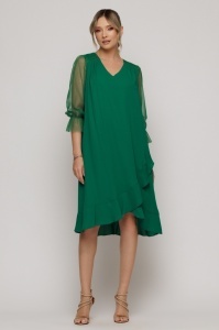 Rochie verde închis cu mâneci din tulle sidefat si volane asimetrice - Img 3