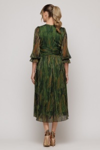 Rochie verde plisată cu inserții aurii și detaliu floral - Img 3