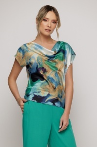 Top satinat cu print multicolor și decolteu drapat - Img 2