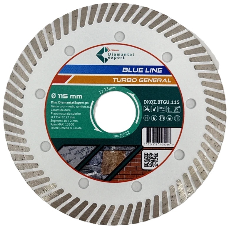 Disc DiamantatExpert TURBO pt. Beton Ranforsat Usor, Materiale de constructii 115x22.23 (mm) taiere uscata sau umeda, Blue Line Profesional - DXQZ.BTGU.115 - Imagine 1