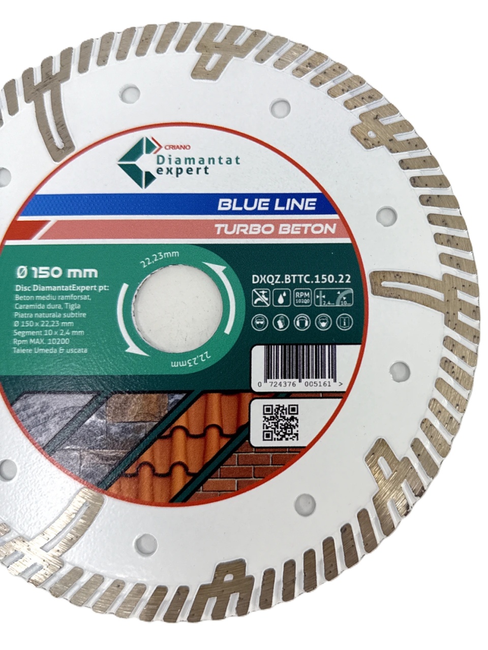 Disc DiamantatExpert TURBO Segmentat pt. Beton Ranforsat Usor, Materiale de constructii 150x22.23 (mm) taiere uscata sau umeda, Blue Line Profesional - DXQZ.BTTC.150 - 2 | YEO