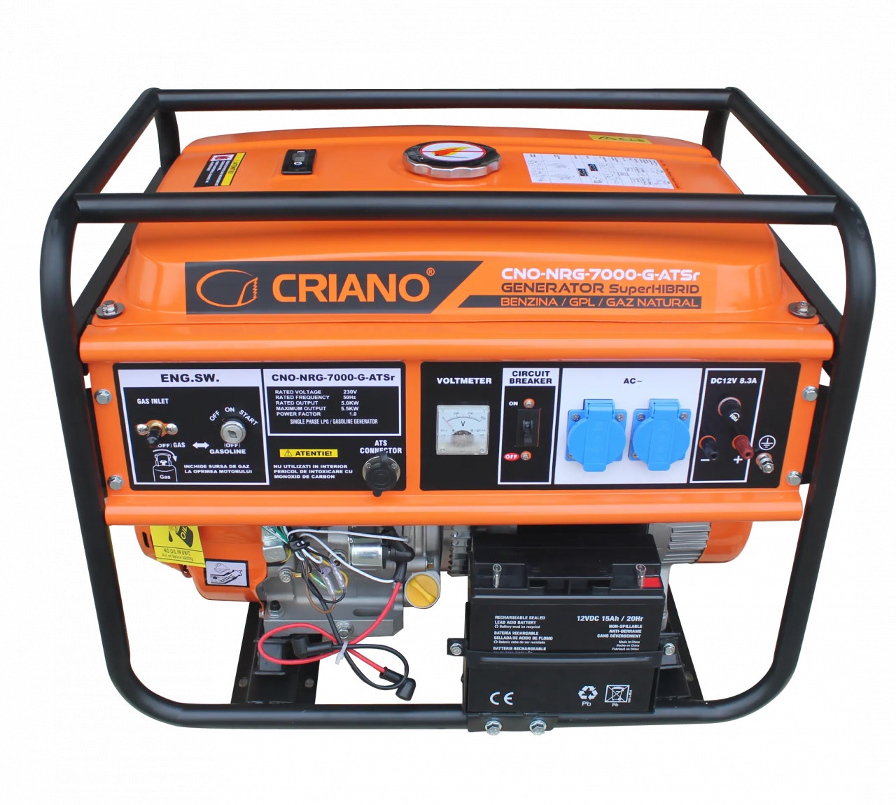 Generator de curent 5.5 kW SuperHIBRID (GPL + Gaz Natural + Benzina) cu posibilitate de Automatizare - CRIANO - CNO-NRG-7000-G-ATSr