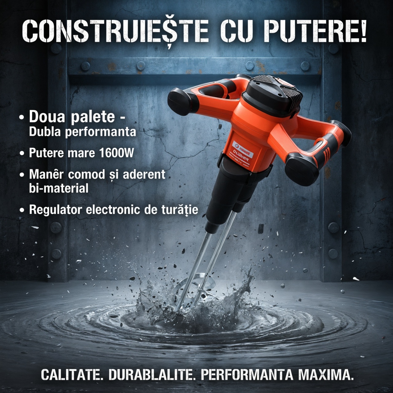 Mixer / amestecator pt. adezivi / mortar 1600W cu palete duble, Profesional DUOMIX1600 cu regulator de turatie - CNO-DUOMIX1600 — imaginea 15