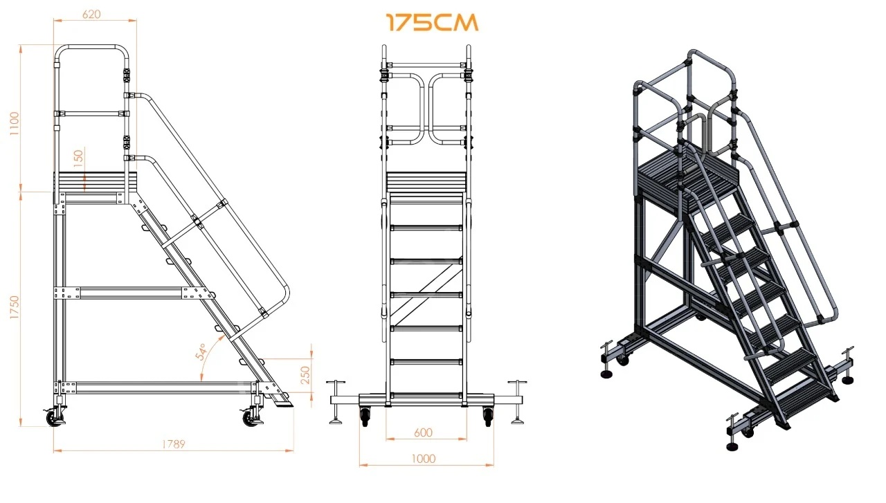 Scara industriala din aluminiu cu 3-8 trepte, platforma si roti ajustabile, h=100-225(cm), inaltime lucru 3-4,25(m) - CNO-SME-ALPL1 - imagine 3
