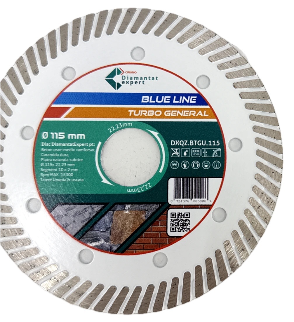 Disc DiamantatExpert TURBO pt. Beton Ranforsat Usor, Materiale de constructii 115x22.23 (mm) taiere uscata sau umeda, Blue Line Profesional - DXQZ.BTGU.115 - Imagine 8
