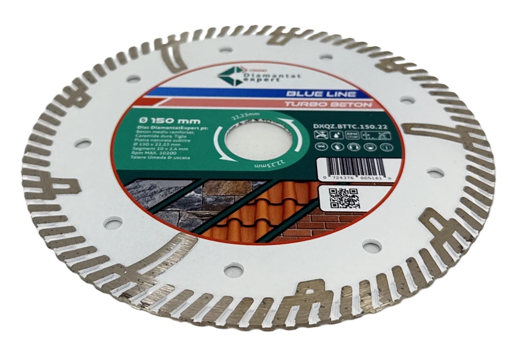 Disc DiamantatExpert TURBO Segmentat pt. Beton Ranforsat Usor, Materiale de constructii 150x22.23 (mm) taiere uscata sau umeda, Blue Line Profesional - DXQZ.BTTC.150 - 1 | YEO