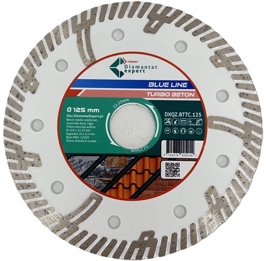 Disc DiamantatExpert TURBO Segmentat pt. Beton Ranforsat Usor, Materiale de constructii 125x22.23 (mm) taiere uscata sau umeda, Blue Line Profesional - DXQZ.BTTC.125