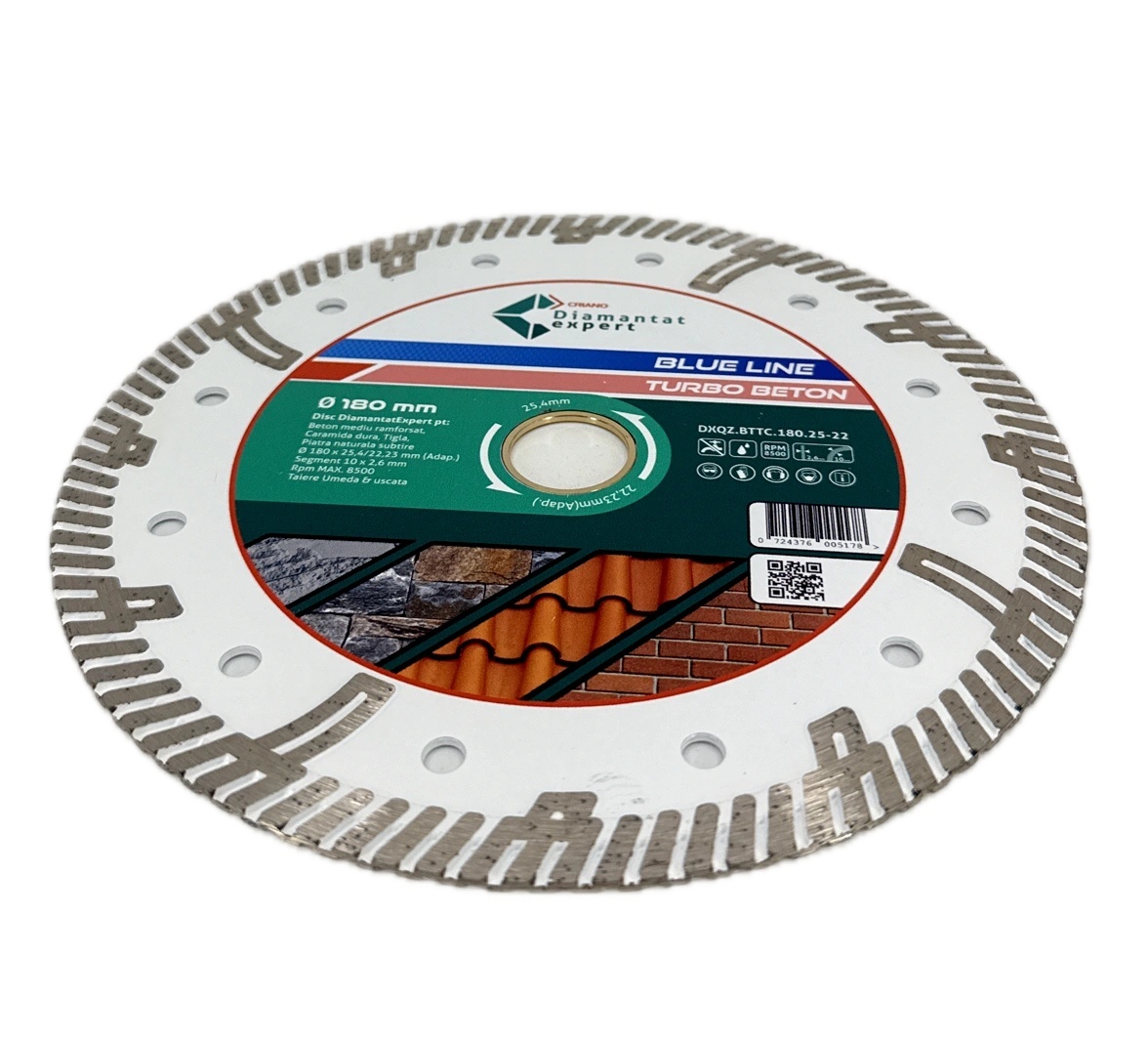 Disc DiamantatExpert TURBO Segmentat pt. Beton Ranforsat Usor, Materiale de constructii 180x25,4/22.23(ring) (mm) taiere uscata sau umeda, Blue Line Profesional - DXQZ.BTTC.180.25-22 - 1 | YEO