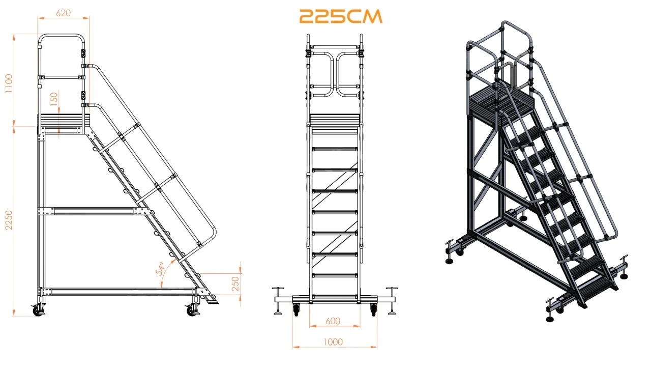 Scara industriala din aluminiu cu 3-8 trepte, platforma si roti ajustabile, h=100-225(cm), inaltime lucru 3-4,25(m) - CNO-SME-ALPL1 - imagine 6