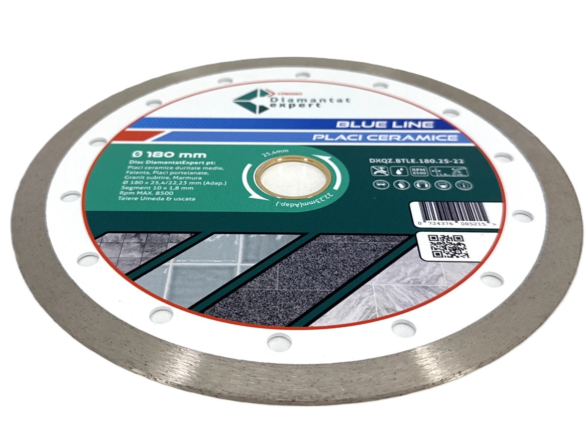 Disc DiamantatExpert pt. Ceramica, Gresie Portelanata de Duritate Medie, Placi 180x25,4/22.23(ring) (mm) taiere uscata sau umeda, Blue Line Profesional - DXQZ.BTLE.180.25-22 - 1 | YEO