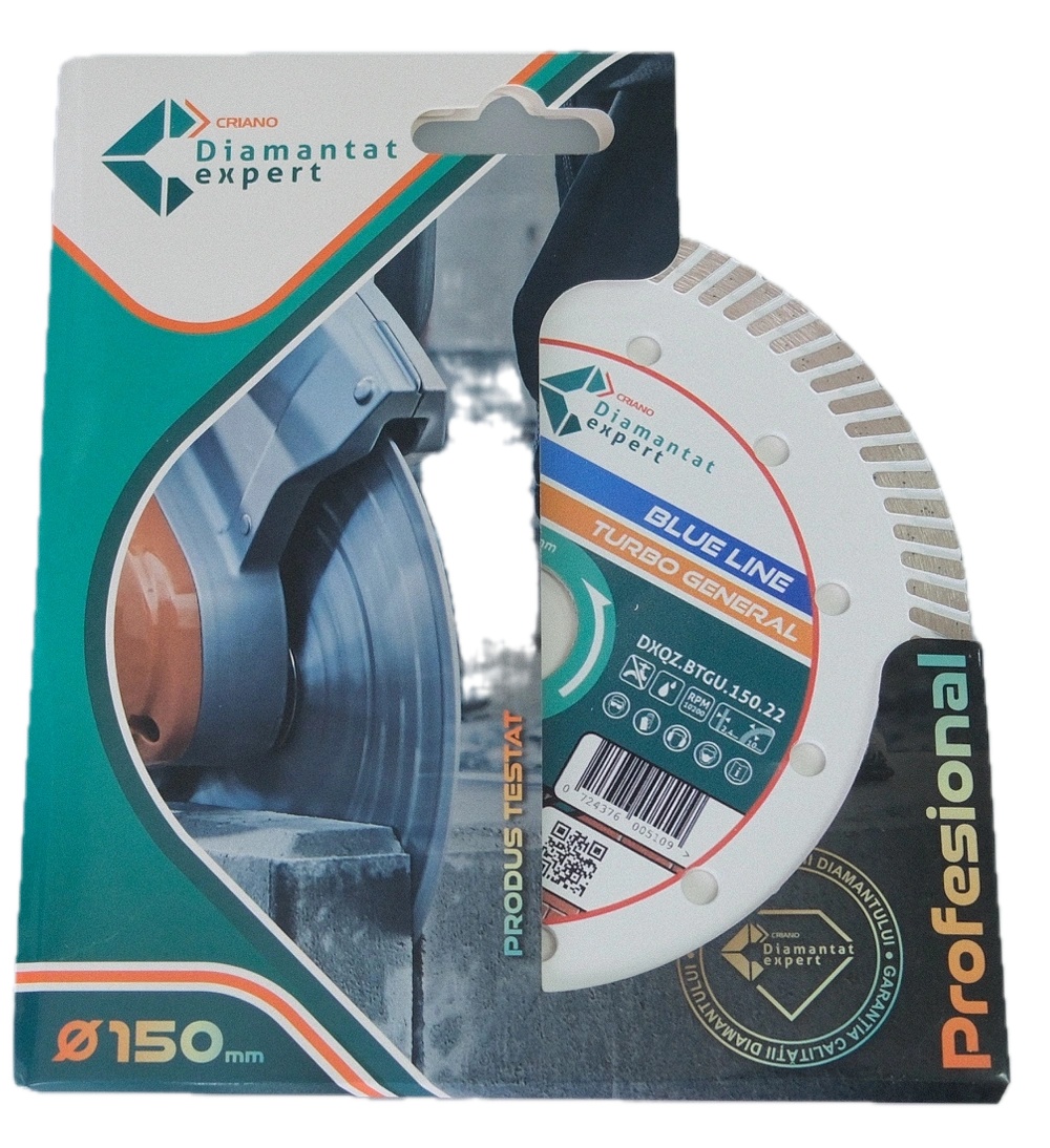 Disc DiamantatExpert TURBO pt. Beton Ranforsat Usor, Materiale de constructii 150x22.23 (mm) taiere uscata sau umeda, Blue Line Profesional - DXQZ.BTGU.150 - 1 | YEO