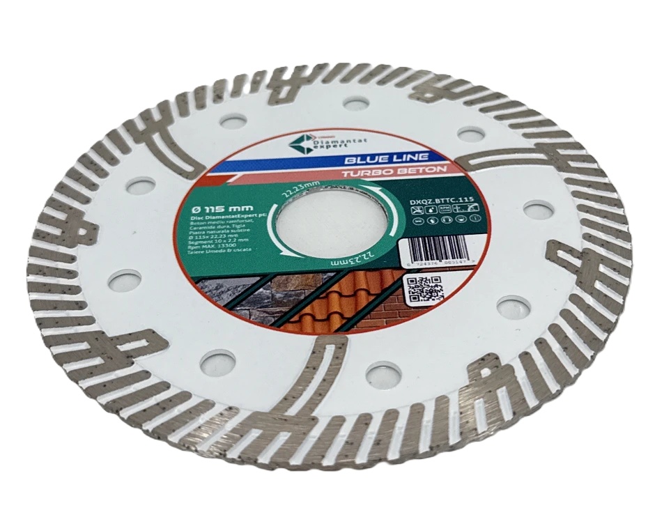 Disc DiamantatExpert TURBO Segmentat pt. Beton Ranforsat Usor, Materiale de constructii 115x22.23 (mm) taiere uscata sau umeda, Blue Line Profesional - DXQZ.BTTC.115 - 1 | YEO