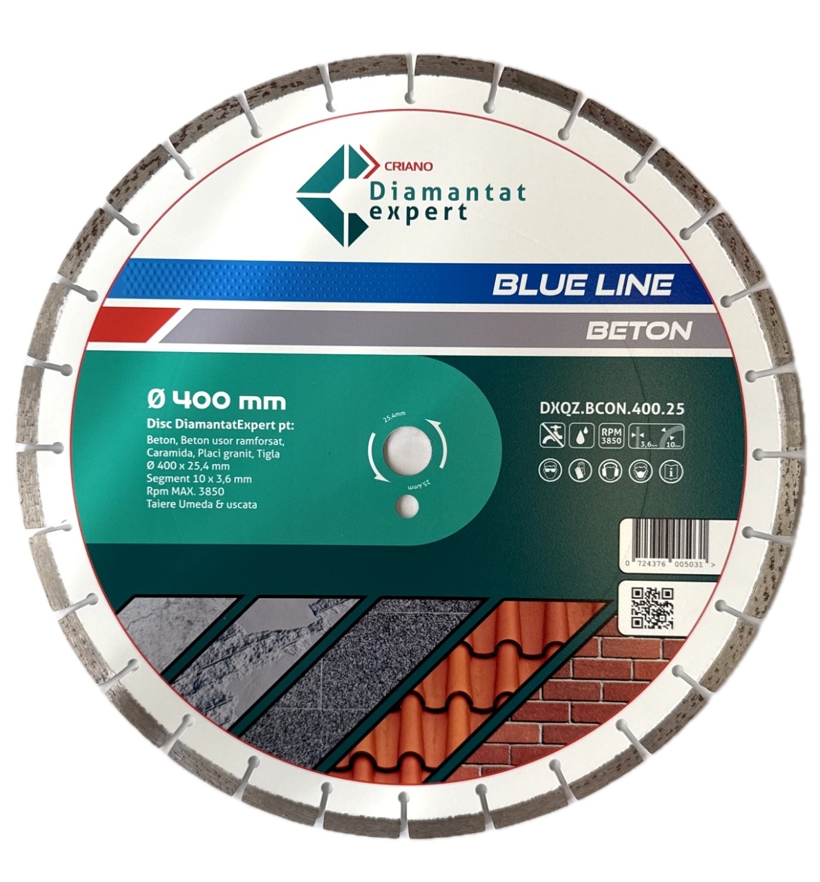 Disc DiamantatExpert LASER pt. Beton, Materiale constructii 400x25,4mm (mm) taiere uscata sau umeda, Blue Line Profesional - DXQZ.BCON.400.25
