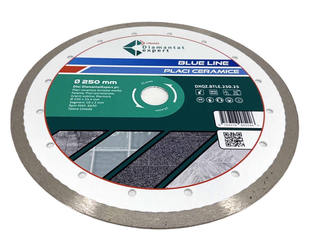 Disc DiamantatExpert pt. Ceramica, Gresie Portelanata de Duritate Medie, Placi 250x25,4mm (mm) taiere umeda, Blue Line Profesional - DXQZ.BTLE.250.25 - 1 | YEO