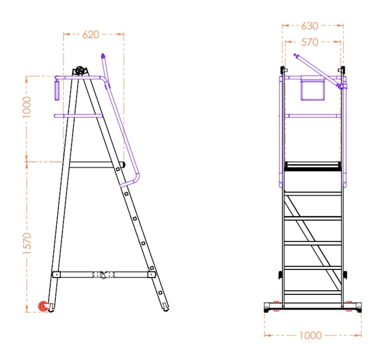 Scara industriala rabatabila (pliabila) din aluminiu cu 5 trepte si platforma h=157cm, inaltime de lucru 3,5m - CNO-SME-FWPL15 - imagine 2