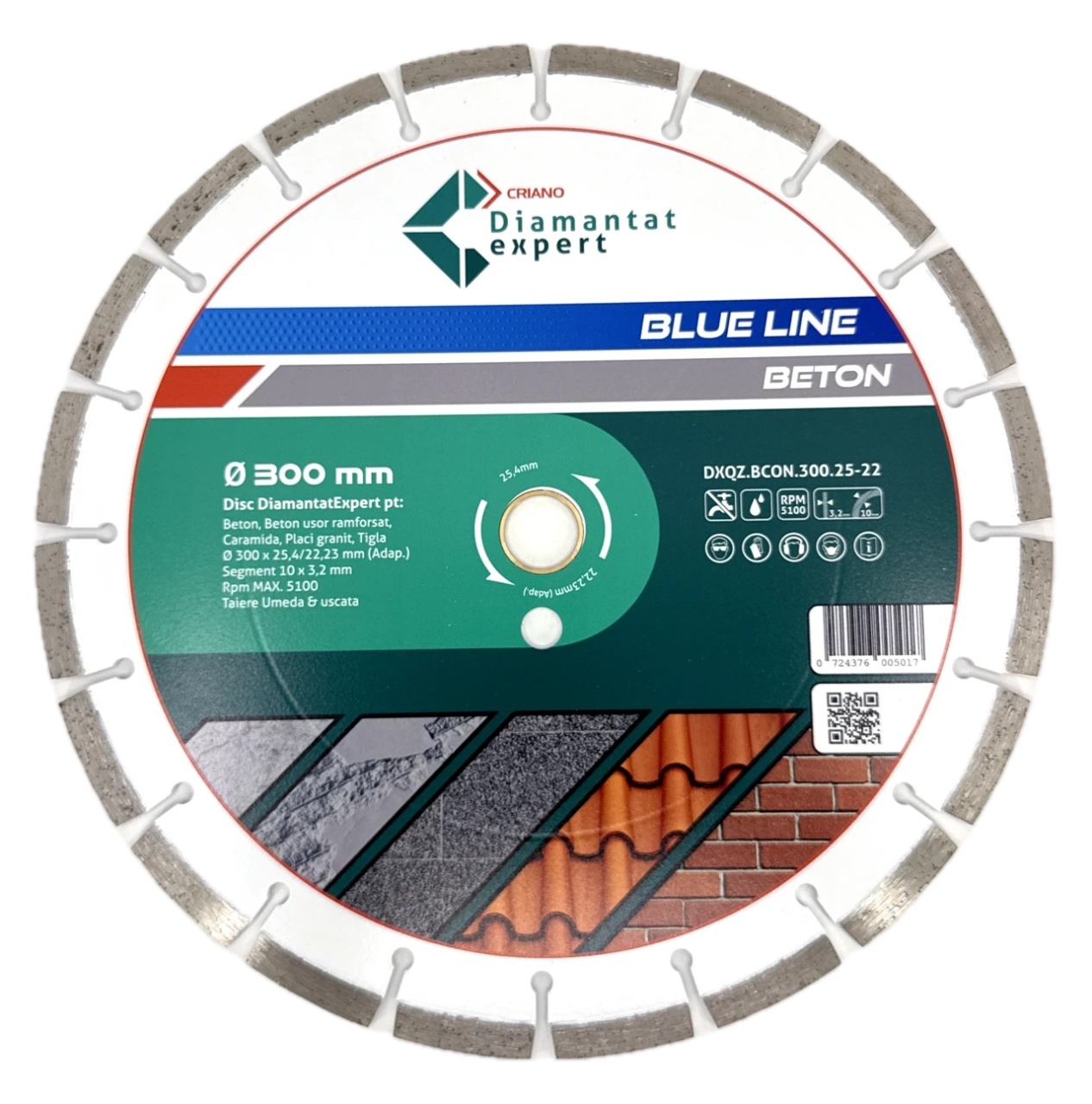Disc DiamantatExpert LASER pt. Beton, Materiale constructii 300x25,4/22,23(inel) (mm) taiere uscata sau umeda, Blue Line Profesional - DXQZ.BCON.300.25-22