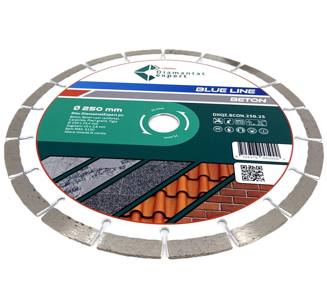 Disc DiamantatExpert pt. Beton, Materiale constructii 250x25,4 (mm) taiere uscata sau umeda, Blue Line Profesional - DXQZ.BCON.250.25 - 1 | YEO