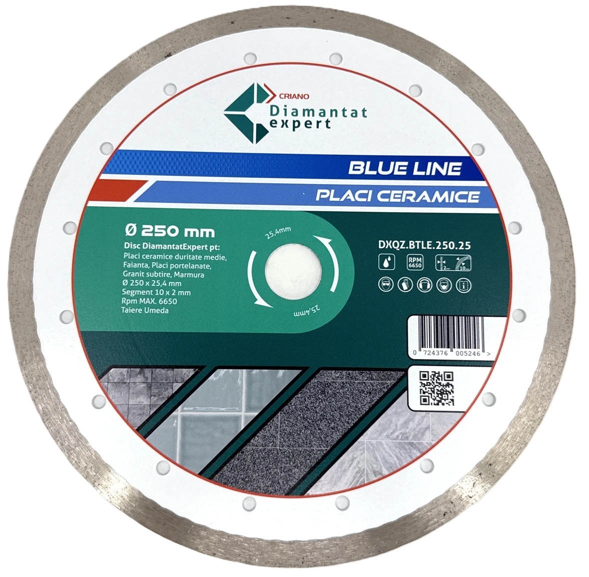 Disc DiamantatExpert pt. Ceramica, Gresie Portelanata de Duritate Medie, Placi 250x25,4mm (mm) taiere umeda, Blue Line Profesional - DXQZ.BTLE.250.25