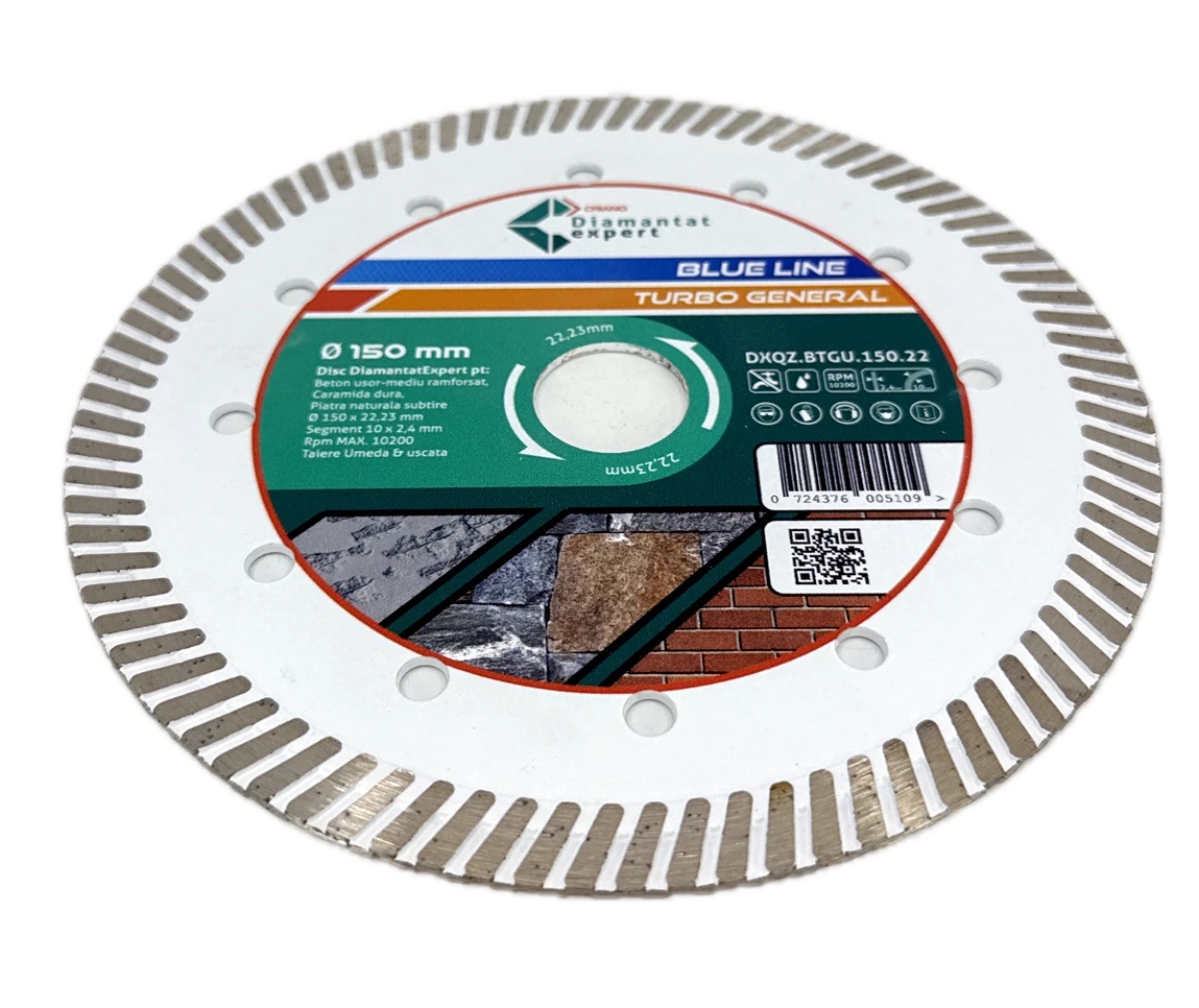 Disc DiamantatExpert TURBO pt. Beton Ranforsat Usor, Materiale de constructii 150x22.23 (mm) taiere uscata sau umeda, Blue Line Profesional - DXQZ.BTGU.150 - 2 | YEO