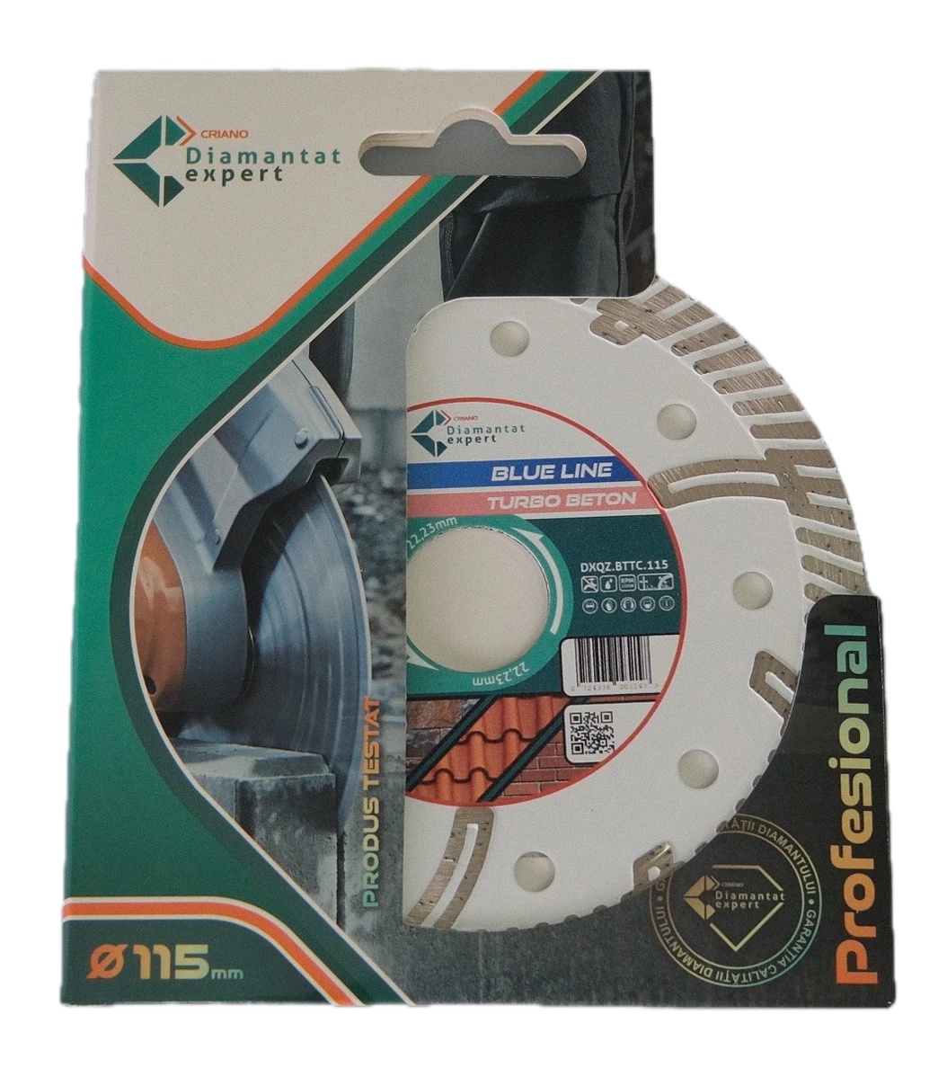 Disc DiamantatExpert TURBO Segmentat pt. Beton Ranforsat Usor, Materiale de constructii 115x22.23 (mm) taiere uscata sau umeda, Blue Line Profesional - DXQZ.BTTC.115 - 3 | YEO