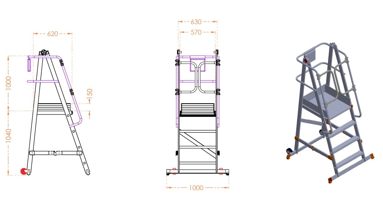 Scara industriala din aluminiu cu 3-8 trepte, platforma si roti ajustabile, h=100-225(cm), inaltime lucru 3-4,25(m) - CNO-SME-ALPL1 - imagine 7
