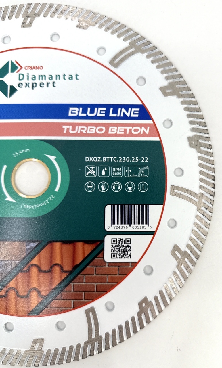 Disc DiamantatExpert TURBO Segmentat pt. Beton Ranforsat Usor, Materiale de constructii 230x25,4/22.23(ring) (mm) taiere uscata sau umeda, Blue Line Profesional - DXQZ.BTTC.230.25-22 - 2 | YEO