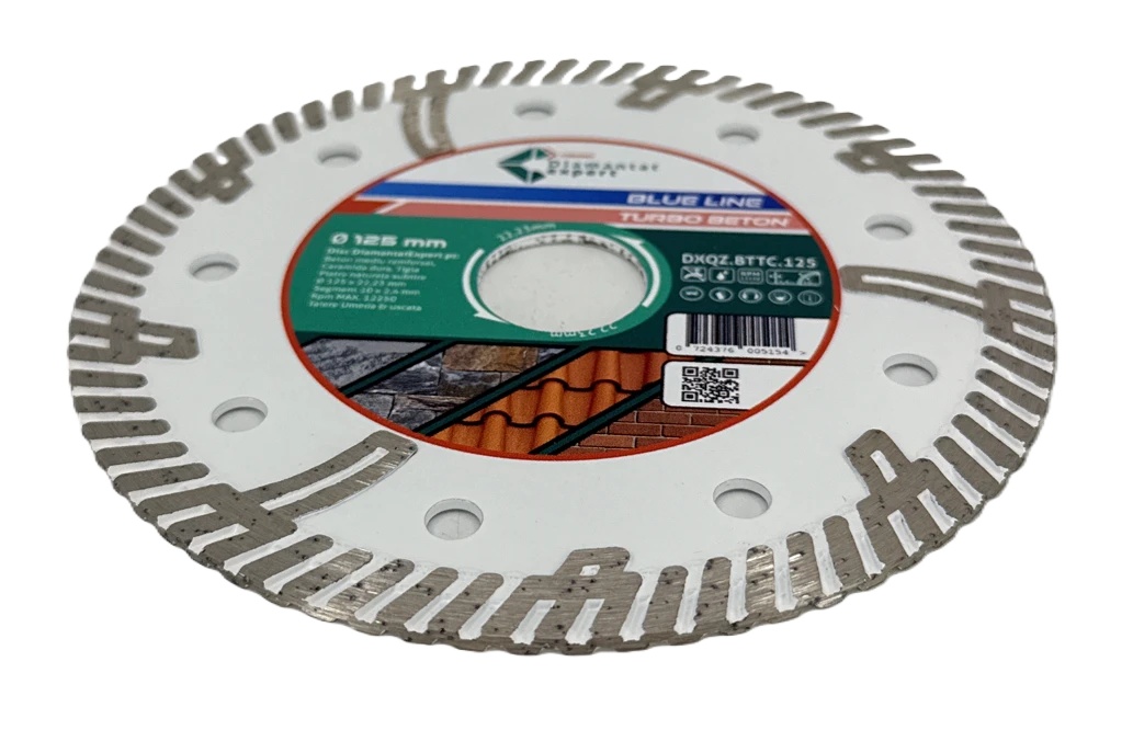 Disc DiamantatExpert TURBO Segmentat pt. Beton Ranforsat Usor, Materiale de constructii 125x22.23 (mm) taiere uscata sau umeda, Blue Line Profesional - DXQZ.BTTC.125 - 1 | YEO