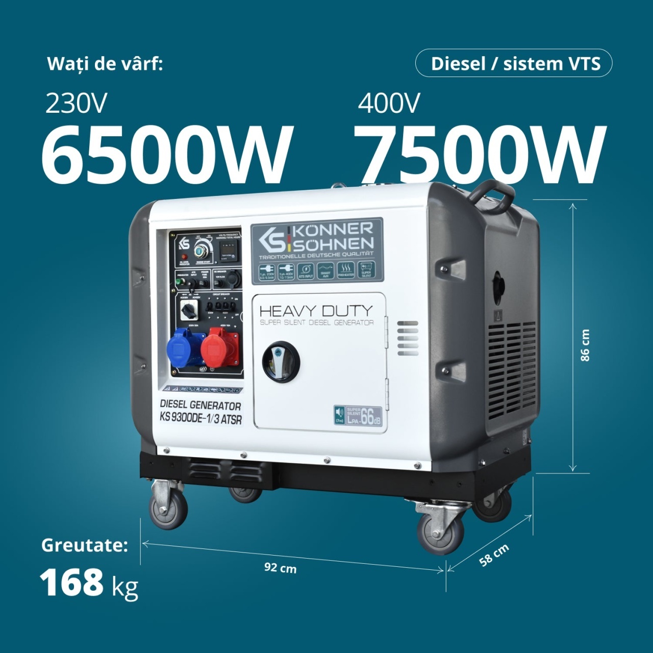 Generator de curent 7.5 kW diesel - Heavy Duty - insonorizat - Konner & Sohnen - KS-9300DE-1/3-ATSR-Super-Silent — imaginea 5