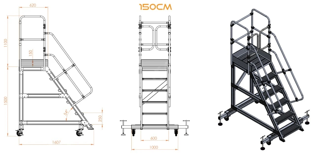Scara industriala din aluminiu cu 3-8 trepte, platforma si roti ajustabile, h=100-225(cm), inaltime lucru 3-4,25(m) - CNO-SME-ALPL1 - imagine 2