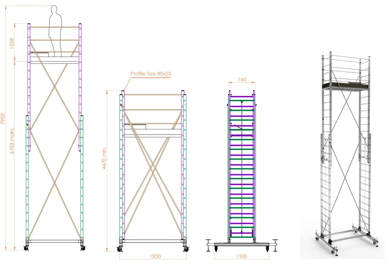 Schela mobila aluminiu telescopica 2x4(m), inaltime lucru 8 metri, o platforma 1,6x0,6(m), max 200kg/mp - CNO-SME-MEGA8 - imagine 2
