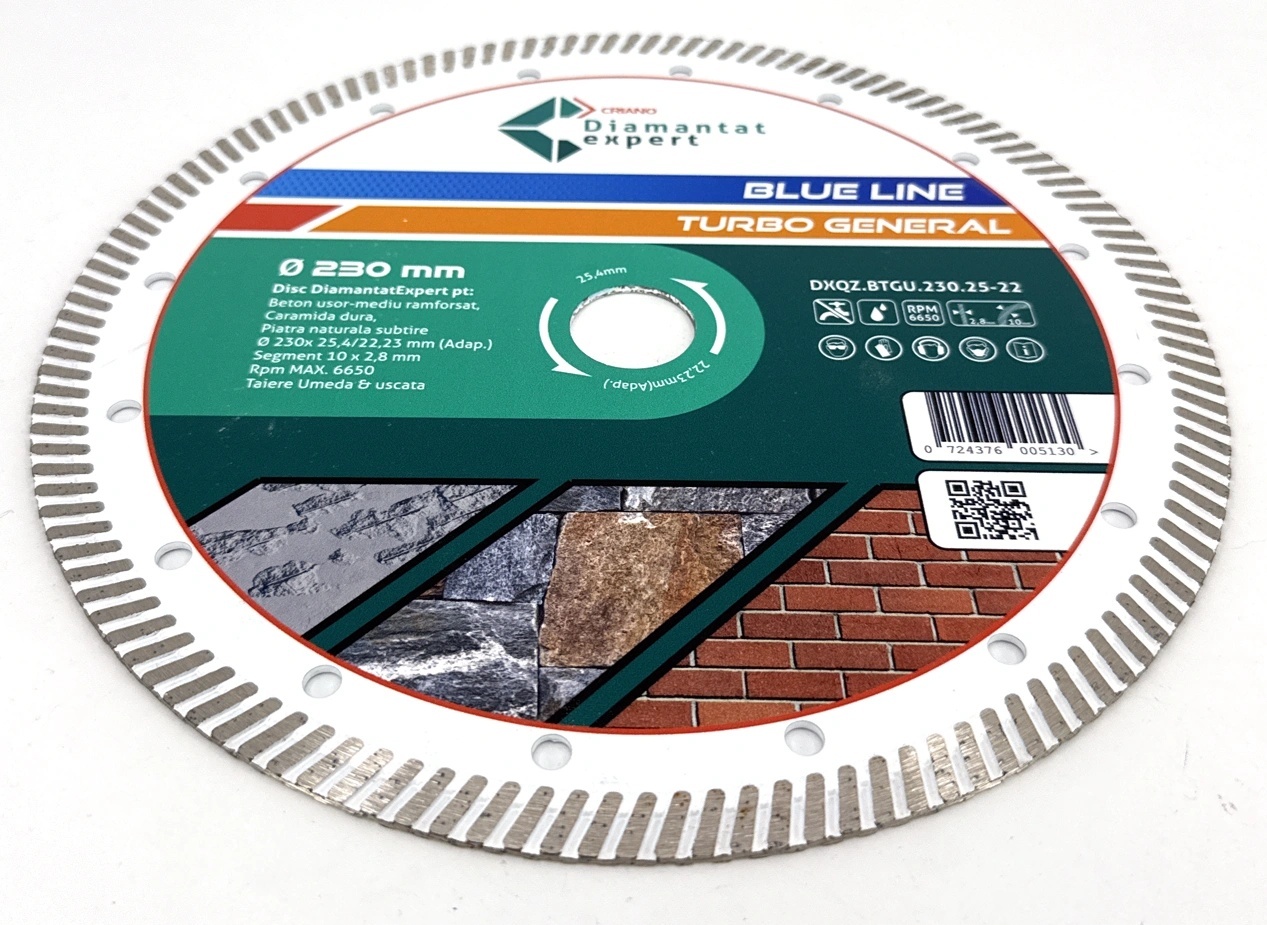 Disc DiamantatExpert TURBO pt. Beton Ranforsat Usor, Materiale de constructii 230x25,4/22.23(ring) (mm) taiere uscata sau umeda, Blue Line Profesional - DXQZ.BTGU.230.25-22 - 1 | YEO