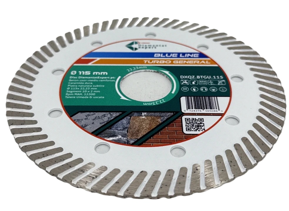 Disc DiamantatExpert TURBO pt. Beton Ranforsat Usor, Materiale de constructii 115x22.23 (mm) taiere uscata sau umeda, Blue Line Profesional - DXQZ.BTGU.115 - 1 | YEO