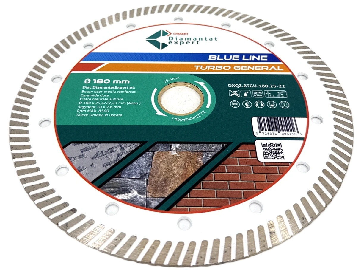 Disc DiamantatExpert TURBO pt. Beton Ranforsat Usor, Materiale de constructii 180x25,4/22.23(ring) (mm) taiere uscata sau umeda, Blue Line Profesional - DXQZ.BTGU.180.25-22 - 1 | YEO