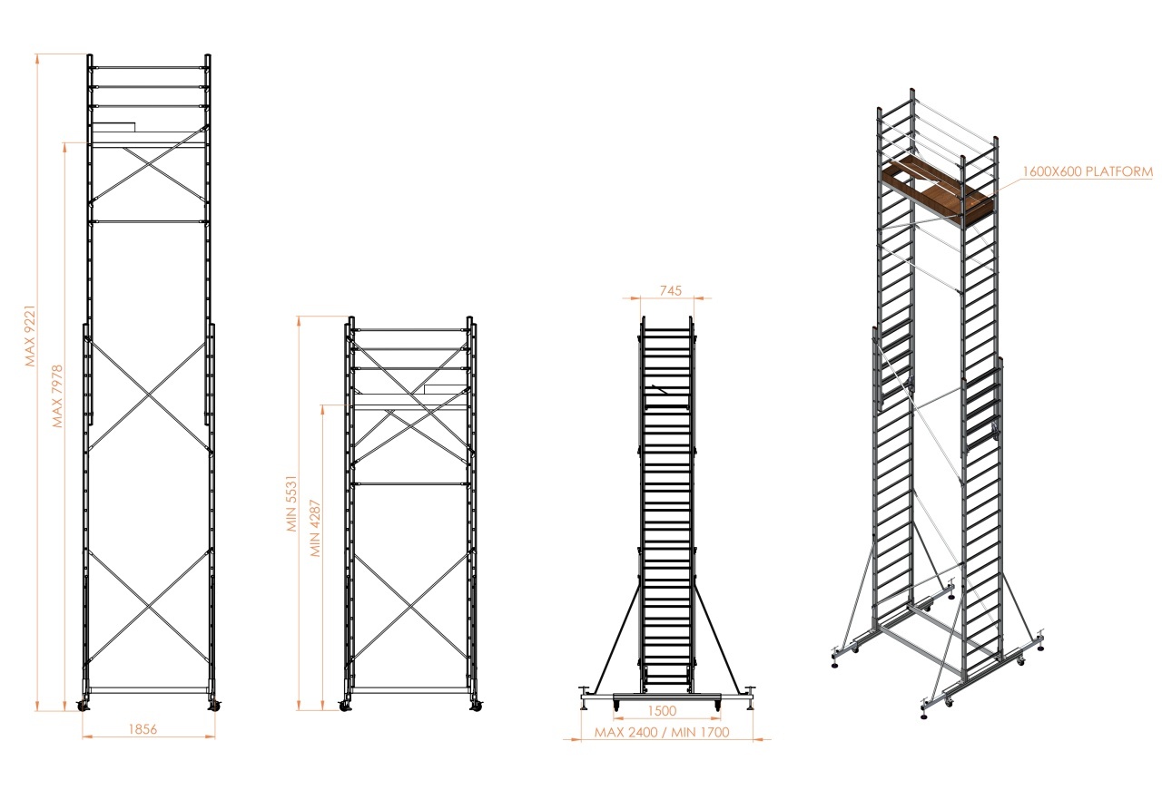 Schela mobila aluminiu telescopica 2x5(m), inaltime lucru 10 metri, o platforma 1,6x0,6(m), max 200kg/mp - CNO-SME-MEGA10 - imagine 2