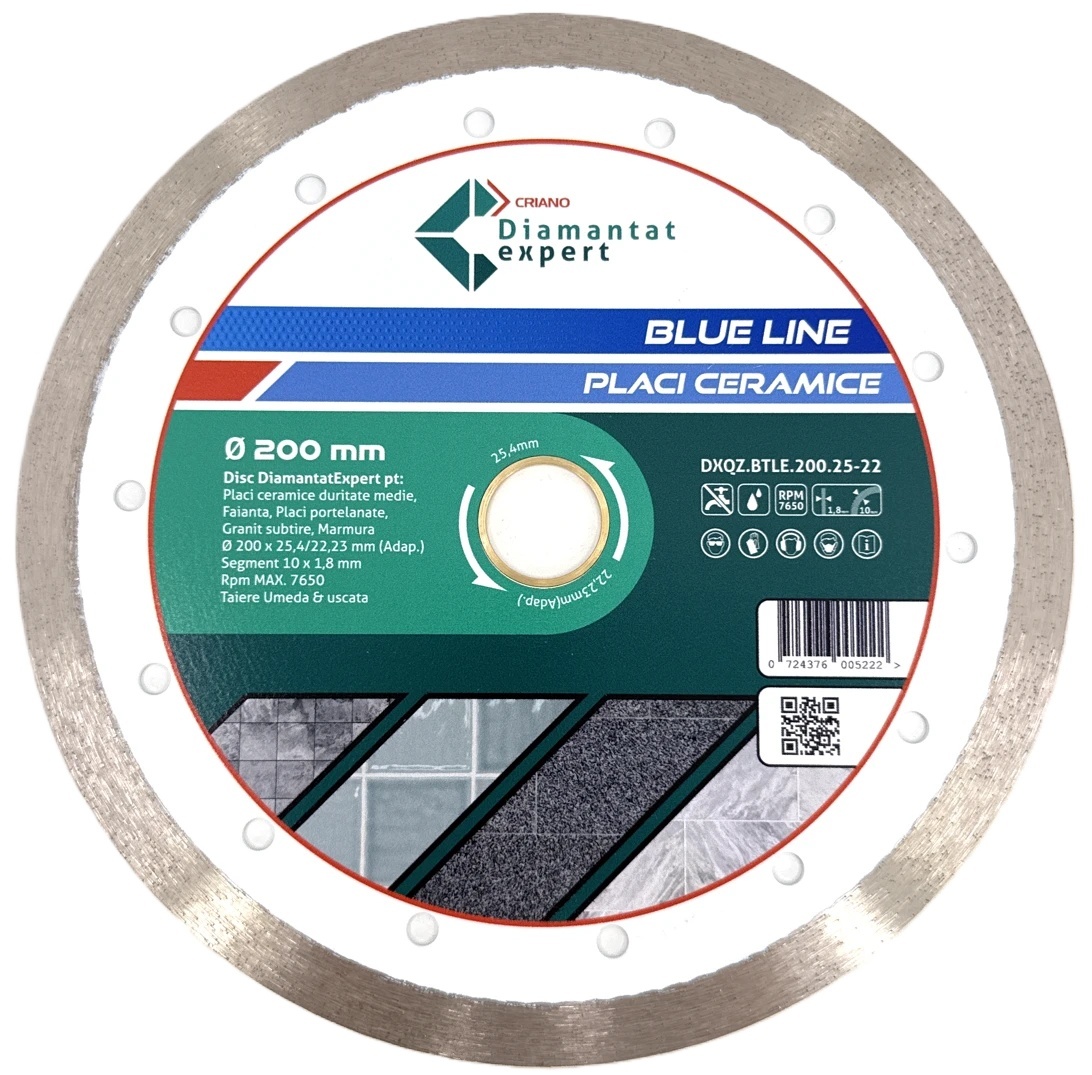 Disc DiamantatExpert pt. Ceramica, Gresie Portelanata de Duritate Medie, Placi 200x25,4/22.23(ring) (mm) taiere uscata sau umeda, Blue Line Profesional - DXQZ.BTLE.200.25-22