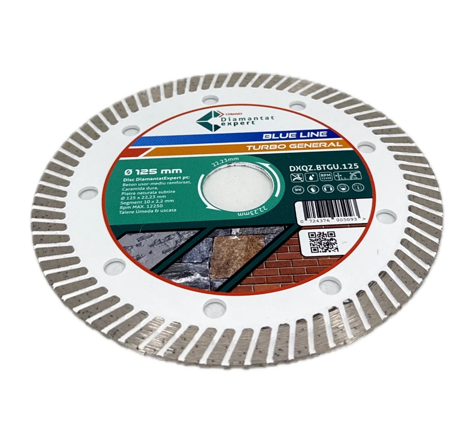 Disc DiamantatExpert TURBO pt. Beton Ranforsat Usor, Materiale de constructii 125x22.23 (mm) taiere uscata sau umeda, Blue Line Profesional - DXQZ.BTGU.125 - 1 | YEO
