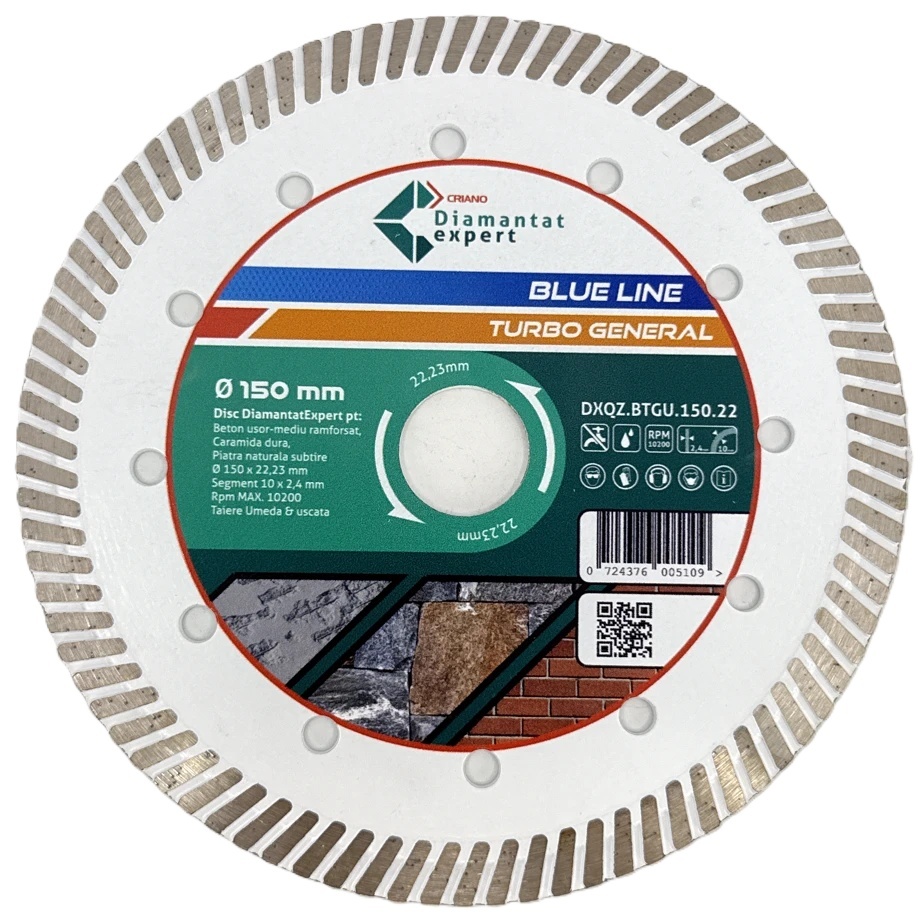 Disc DiamantatExpert TURBO pt. Beton Ranforsat Usor, Materiale de constructii 150x22.23 (mm) taiere uscata sau umeda, Blue Line Profesional - DXQZ.BTGU.150